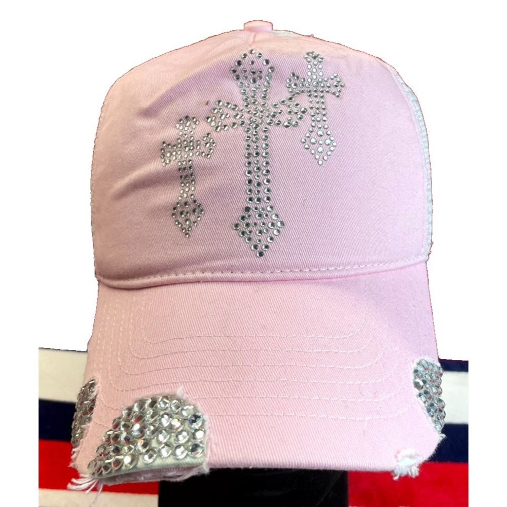 Y2K Mega Cap Western Trucker Hat Womens OS Pink White Rhinestone Cross Bling